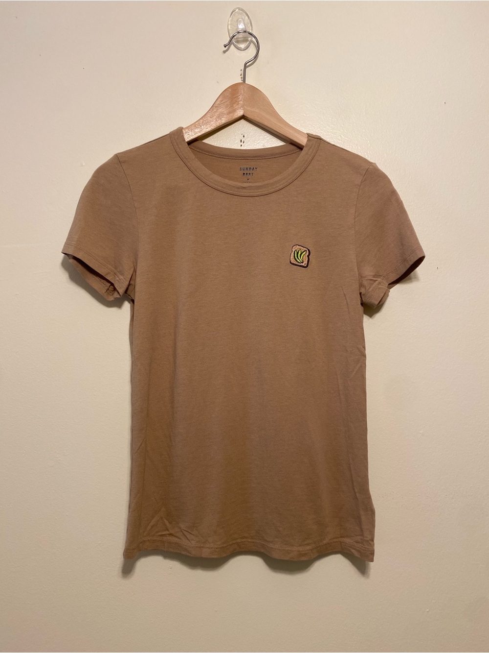 Sunday Best Brown Short Sleeve Tee with Embroidered Patch. Size M